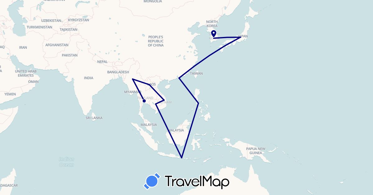 TravelMap itinerary: driving in Hong Kong, Indonesia, Japan, Cambodia, South Korea, Laos, Myanmar (Burma), Philippines, Thailand, Vietnam (Asia)